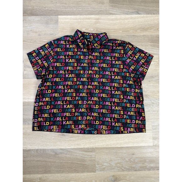 Karl Lagerfeld Paris Top Womens 1X All Over Print Button Up Oversize Colorful - Picture 8 of 10